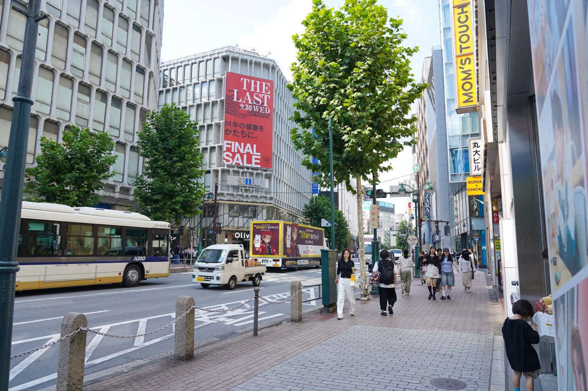 バスが通る通り沿いの歩道。左手に大型店舗の建物が見える